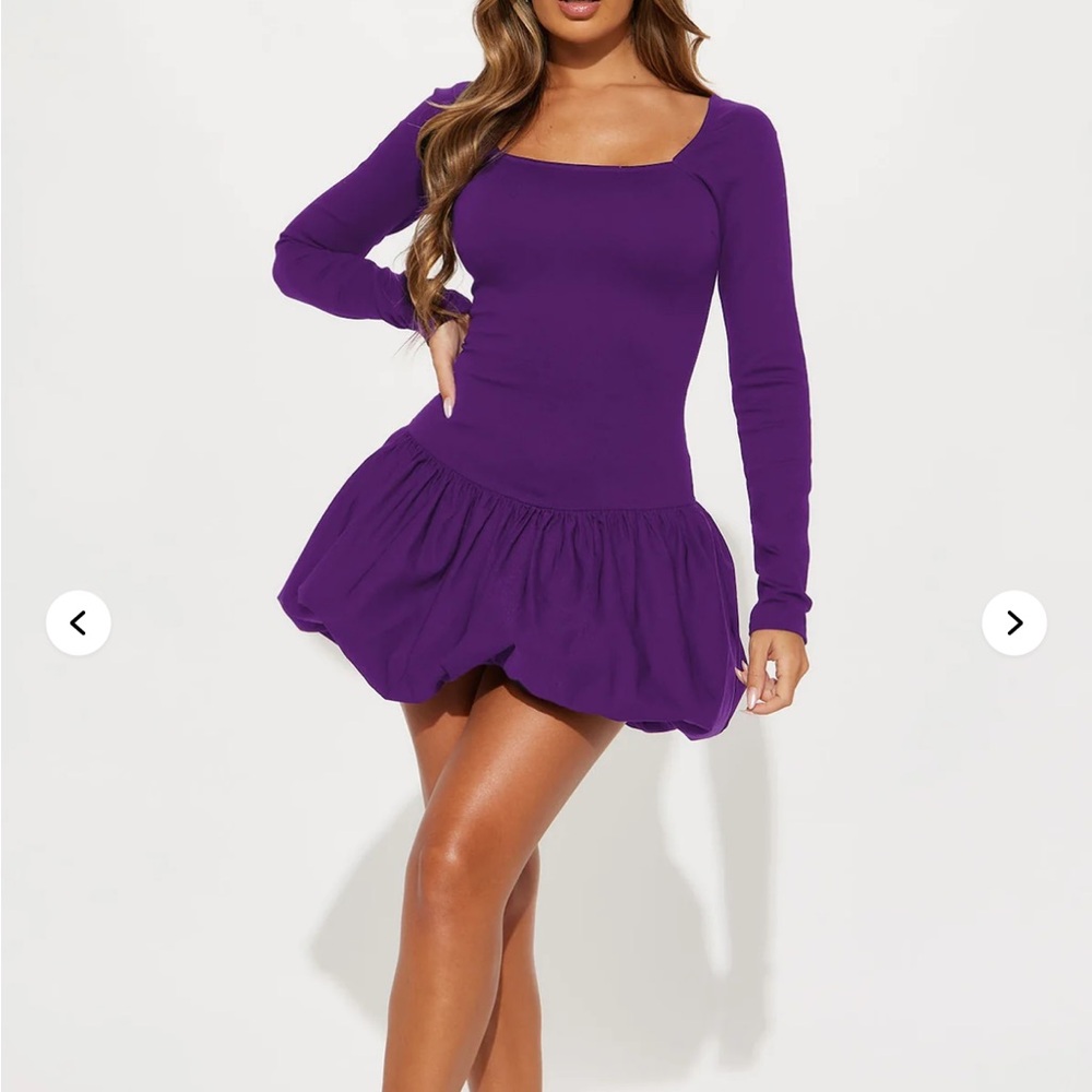 Long Sleeve Bubble Mini Dress - Purple